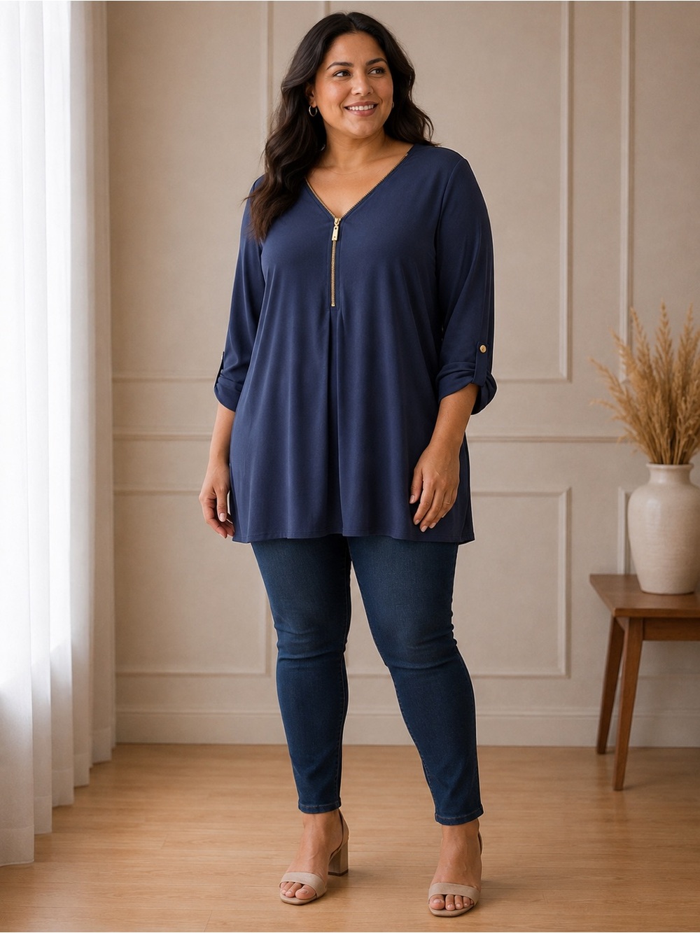 JM Collection Navy V-Neck Zip-Front Tunic
